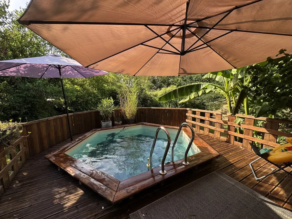 Piscine hexagonale et sa terrasse en bois, parasols ouverts et bananiers en pot
