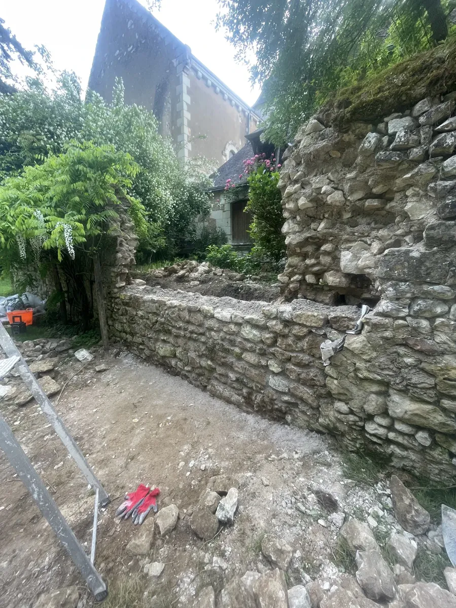 Mur ancien en pierre calcaire remonté et rejointoyé, sous une glycine en fleur
