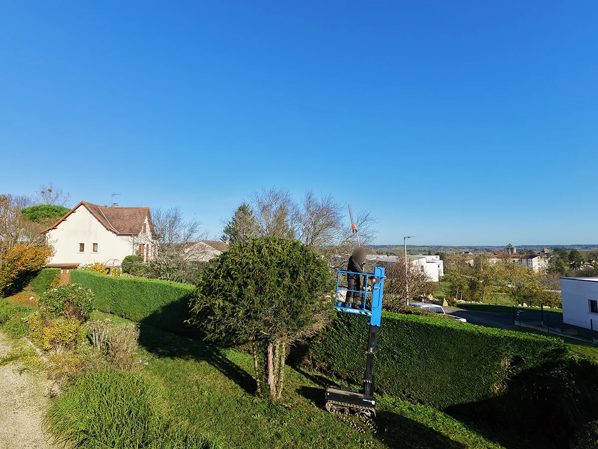 Compagnon taillant au taille-haie depuis une nacelle chenillée, en surplomb d'un jardin ouvert sur le bourg et la campagne